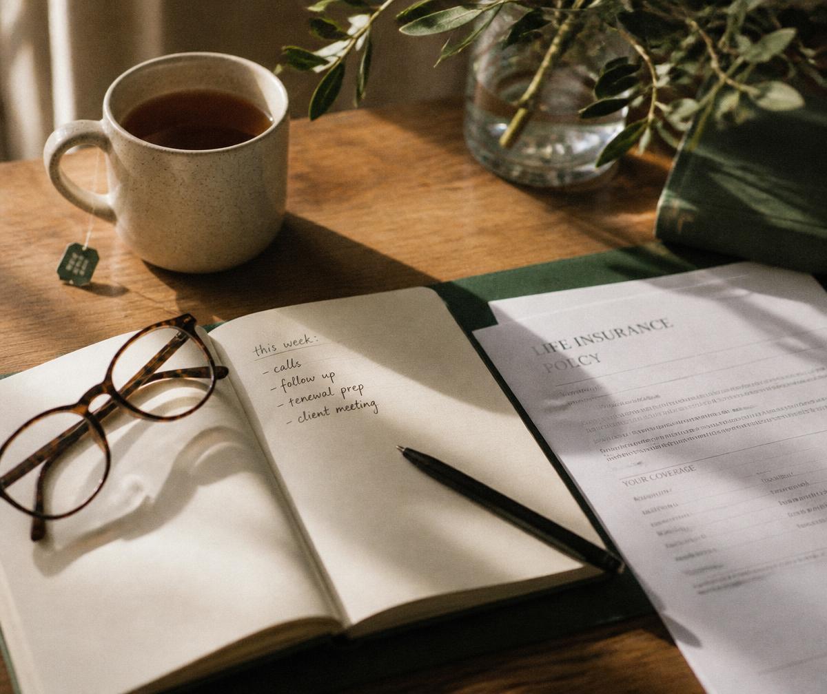 A quiet desk with an open notebook, tea, and paperwork