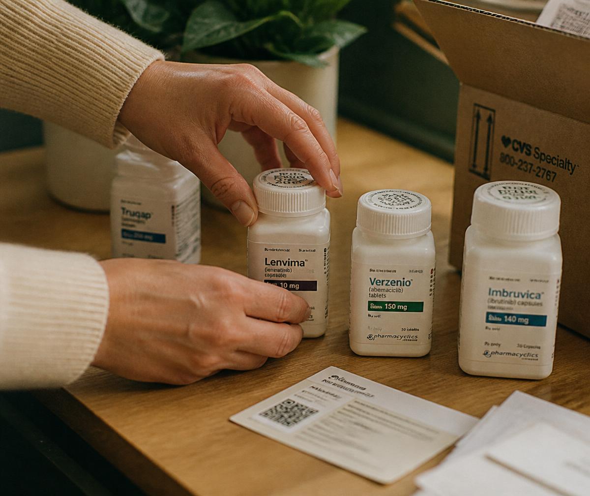 Hands organizing compounded specialty medication bottles