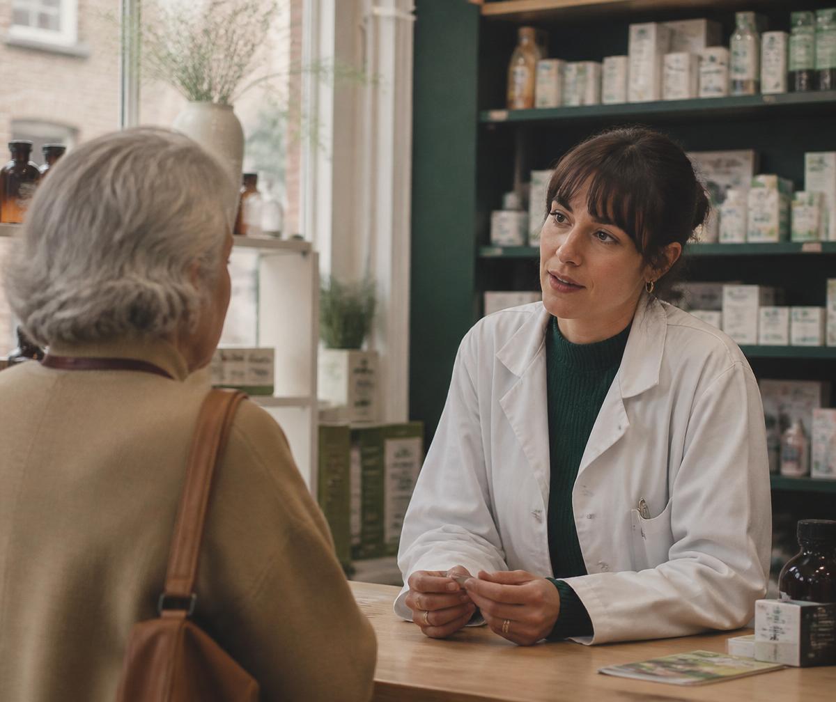 Pharmacist speaking with a patient across the counter